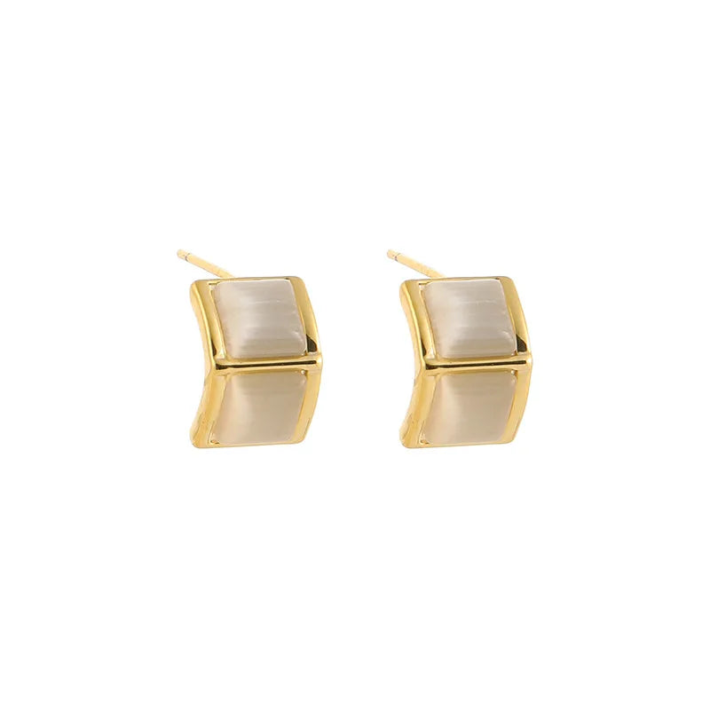 Elegant Curved Square Cat Eye Stone Alloy Stud & Clip On No Piercing French Commuter Earrings