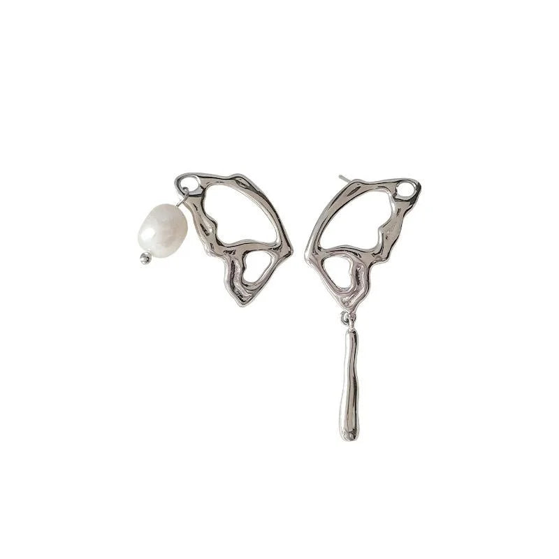 Freshwater Pearl Asymmetric Butterfly Stud Earrings Sweet Cool Lava Liquid Hollow Wing Jewelry