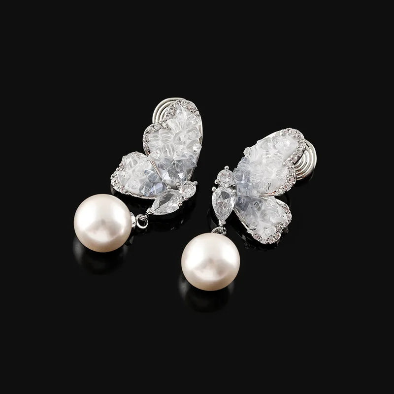 Elegant Blue Crystal Butterfly Pearl Drop Stud & Clip On No Piercing Luxury Rhinestone Earrings