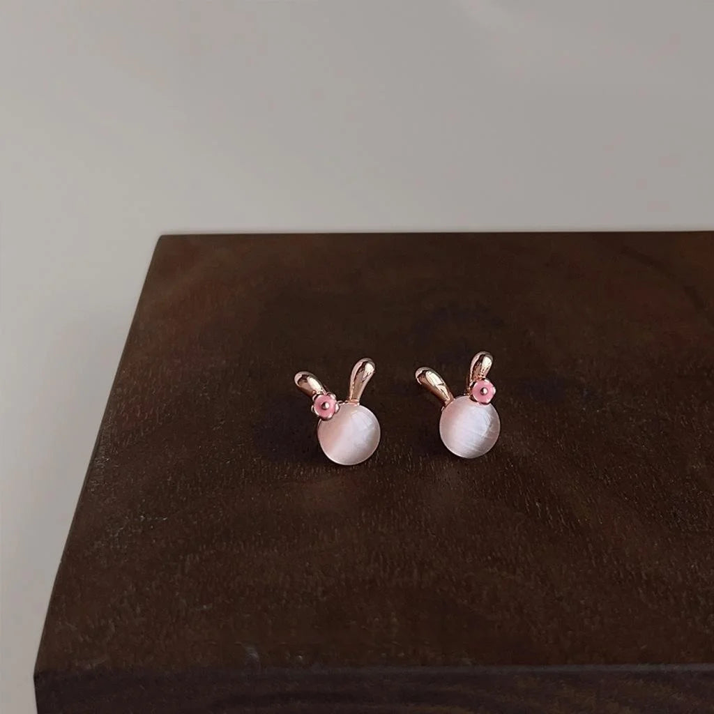 Sweet Rose Gold Copper Rabbit Stud Earrings With Glass Cat Eye Stone And Enamel Animal Design