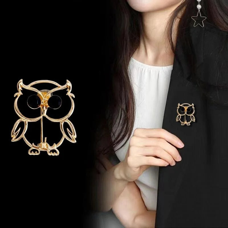 Cute Silver Alloy Owl Brooch With Black Rhinestone Eyes, Elegant Lapel Pin Corsage Suit Accessory Gift