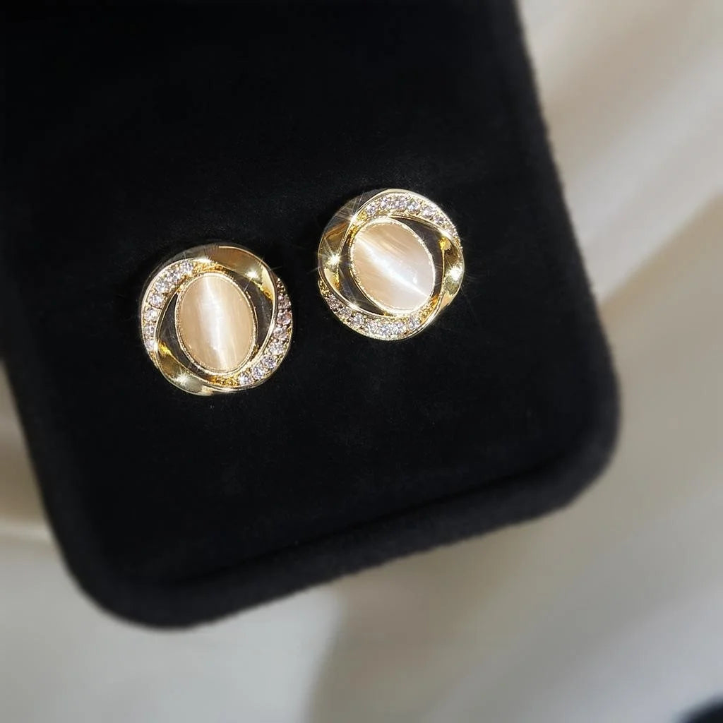 Minimalist Geometric Glass Cat Eye Zircon Micro Pave 14K Gold Plated Stud Earrings