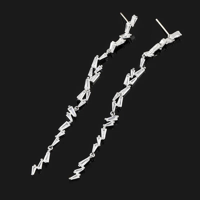 Elegant Trapezoid Crystal Rhinestone Tassel Long Drop Stud & Clip On No Piercing Wedding Earrings