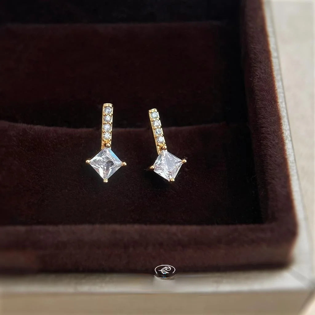 Tiny 14K Plated Copper Micro Pave Zircon Square Geometric Stud Earrings