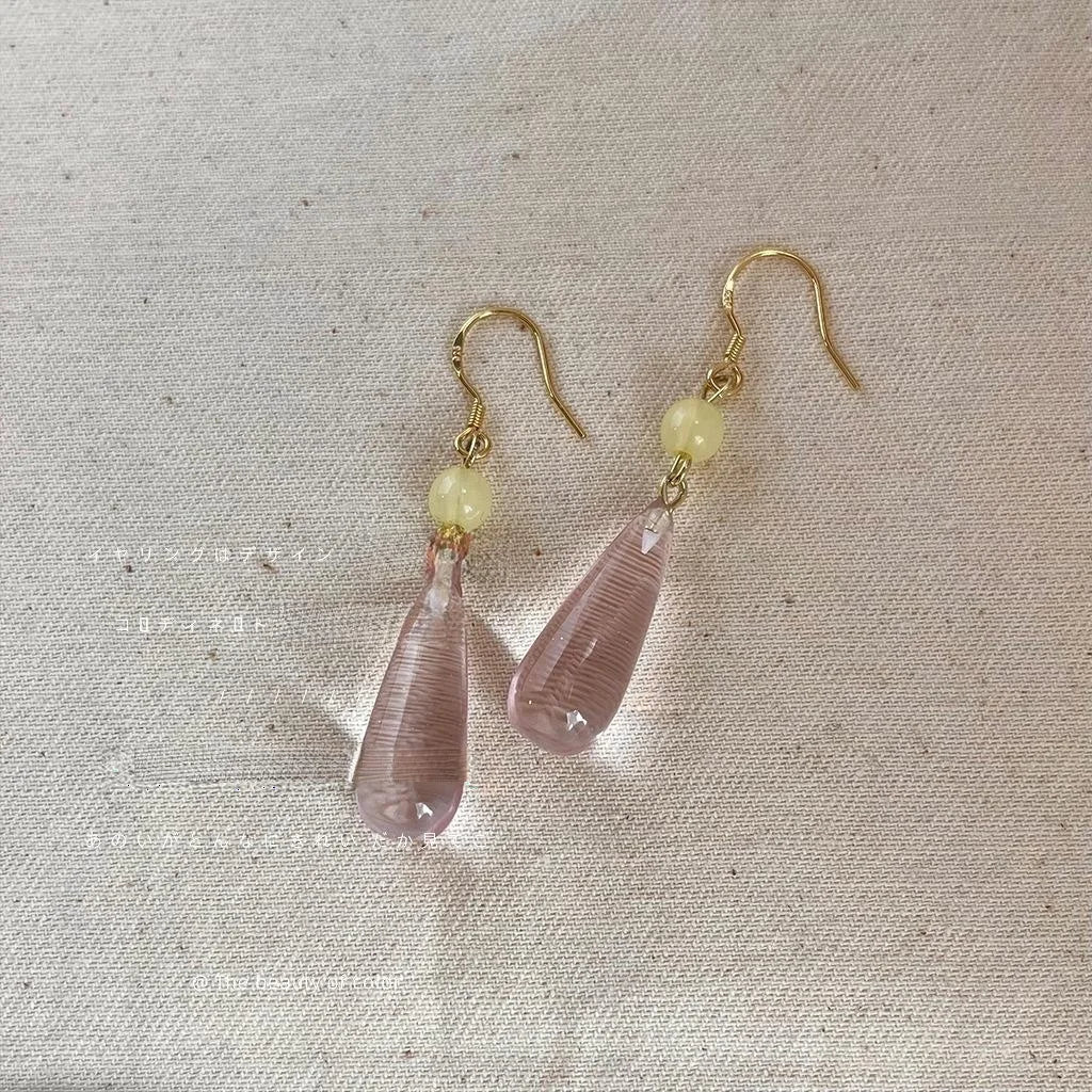 Handmade Vintage Court Style Silver Plated Copper Pink Transparent Teardrop Drop Earrings