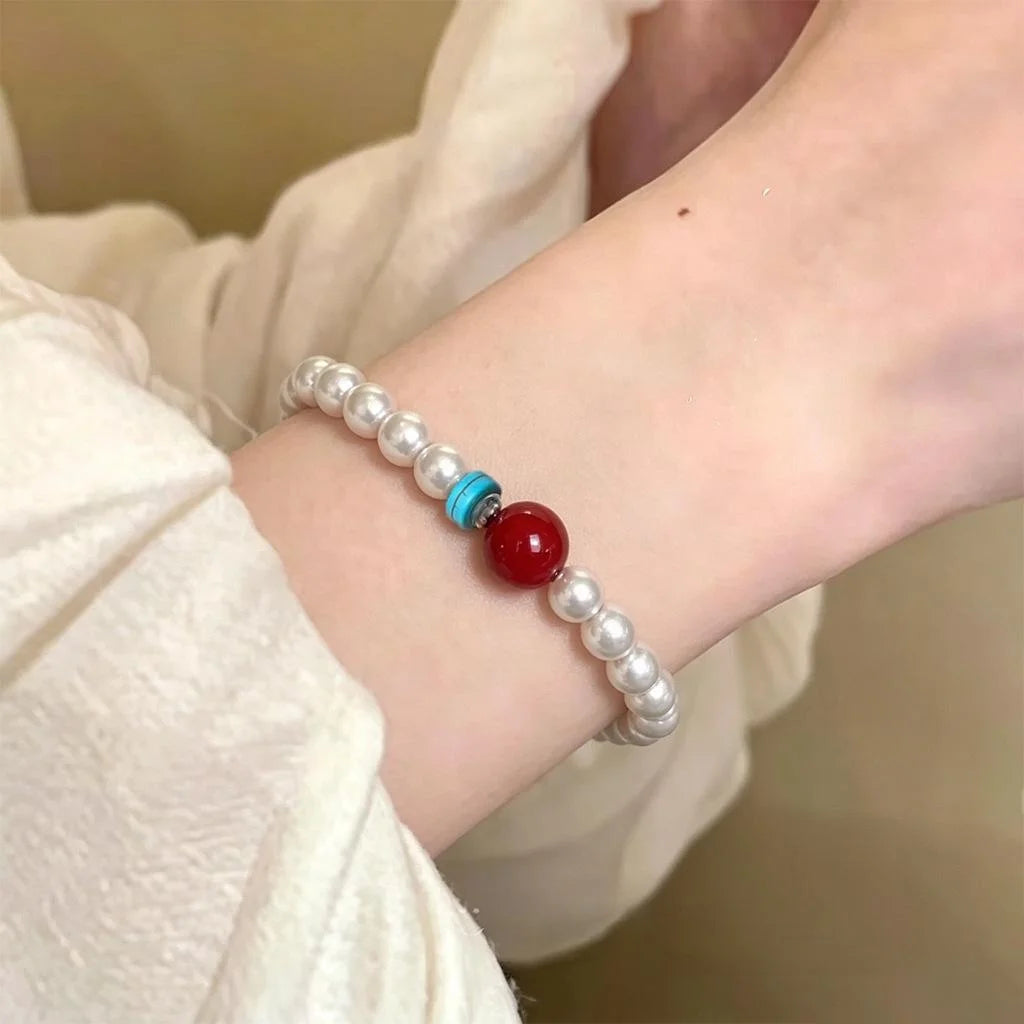 New Chinese Style Glass Pearl And Red Agate Geometric Ring Bracelet For Women