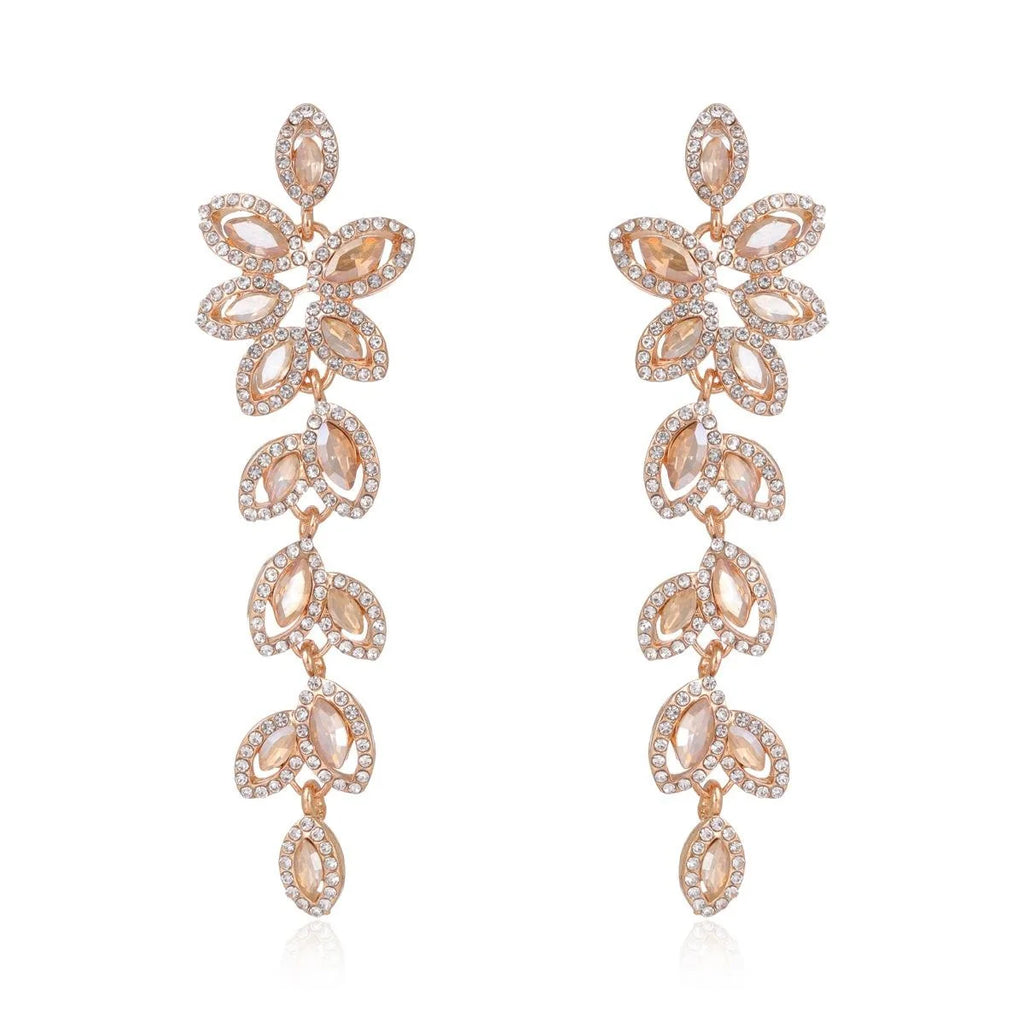 Elegant Green Crystal Leaf Tassel Earrings, Alloy Rhinestone Long Drop Earrings For Wedding Party Gift