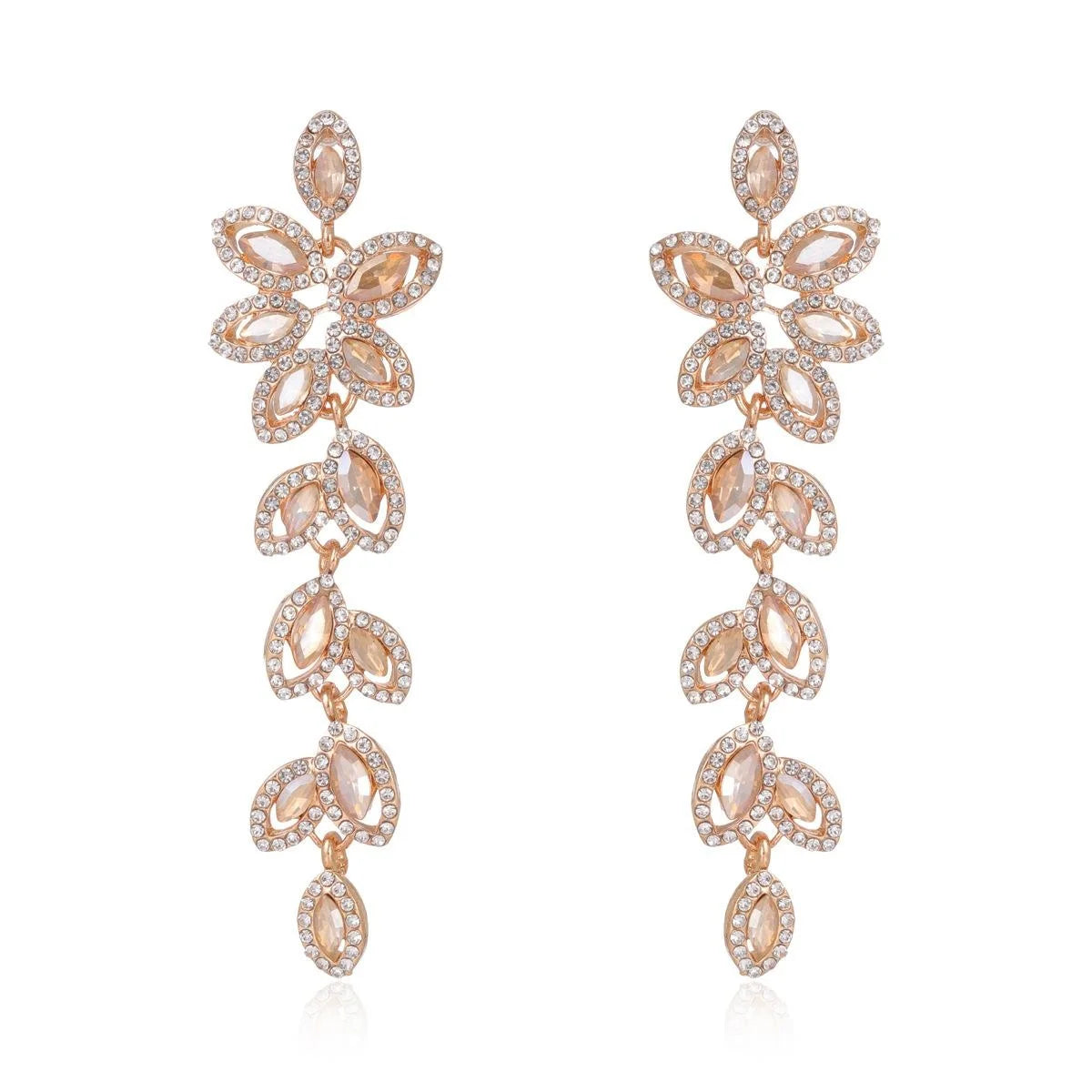 Elegant Green Crystal Leaf Tassel Earrings, Alloy Rhinestone Long Drop Earrings For Wedding Party Gift