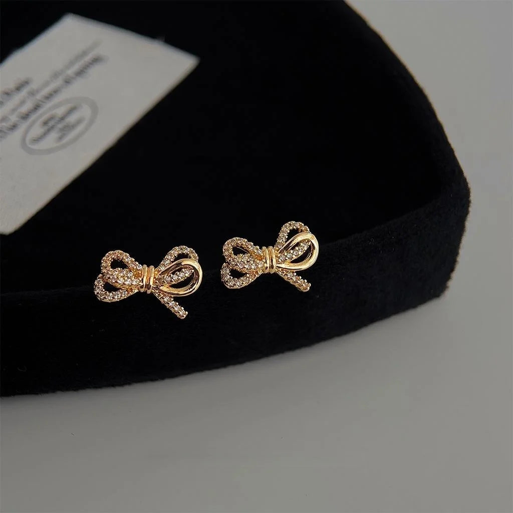 Sweet Mini Bow Zircon Copper Stud Earrings Double Layer Knot Fashion Tiny Jewelry