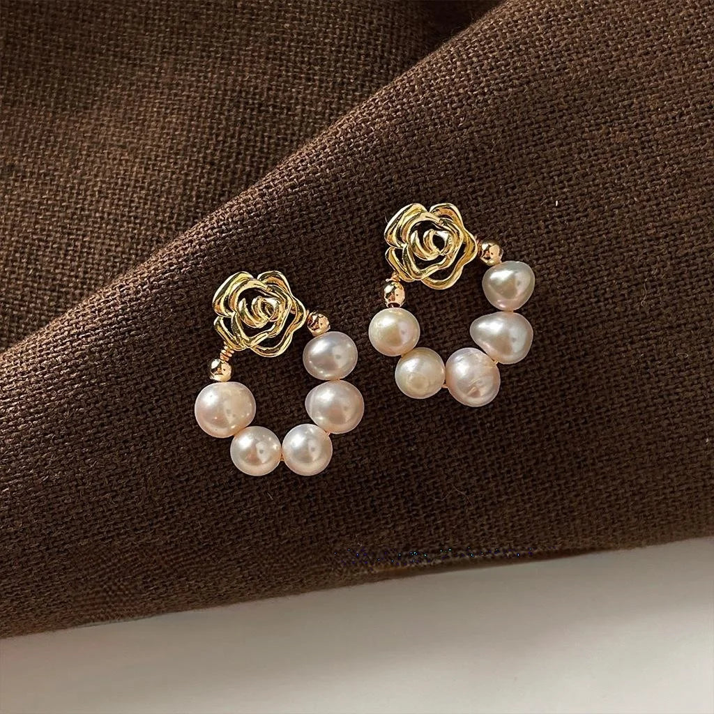 Handmade 14K Gold Plated Copper Rose Stud Earrings With Freshwater Pearl Forest Style