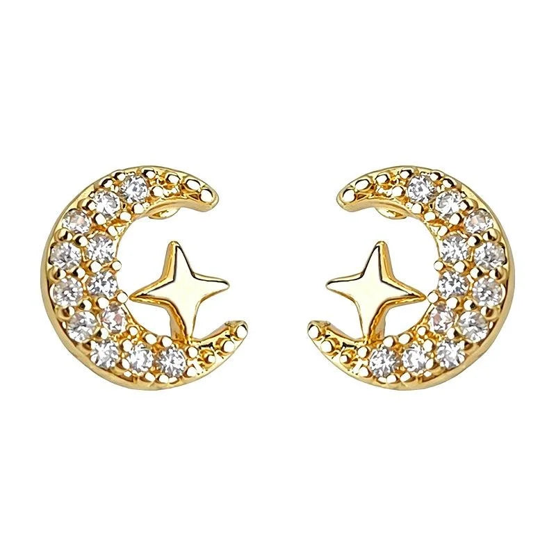 Mini Zircon Moon Star Stud Earrings Eco-Friendly Copper Micro Pave Minimalist Commuter Jewelry