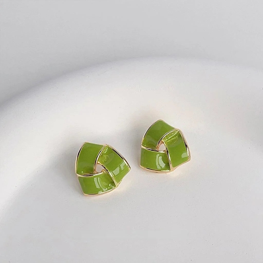 Fresh Green Triangle Copper Stud Earrings For Women Geometric Enamel Woven Design Silver Plated Pin