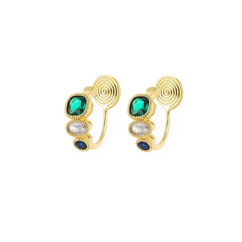 Elegant French Contrast Green Zircon Gold Alloy Spiral Coil Hoop Stud & Clip On No Piercing Earrings