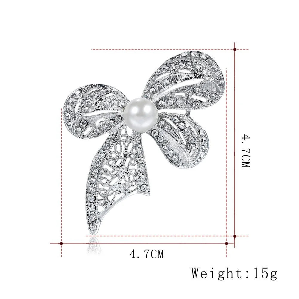 Elegant Rhinestone Bow Brooch With White Pearl Center, Plated Alloy Lapel Pin Corsage Suit Accessory Gift
