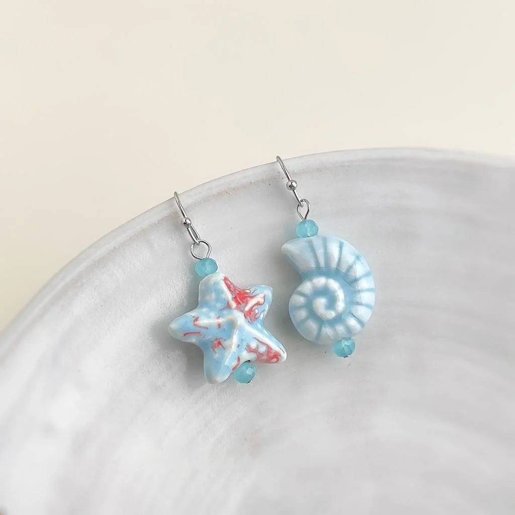 Handmade Ceramic Glass Crystal Conch Starfish Asymmetric Resort Style Drop Earrings