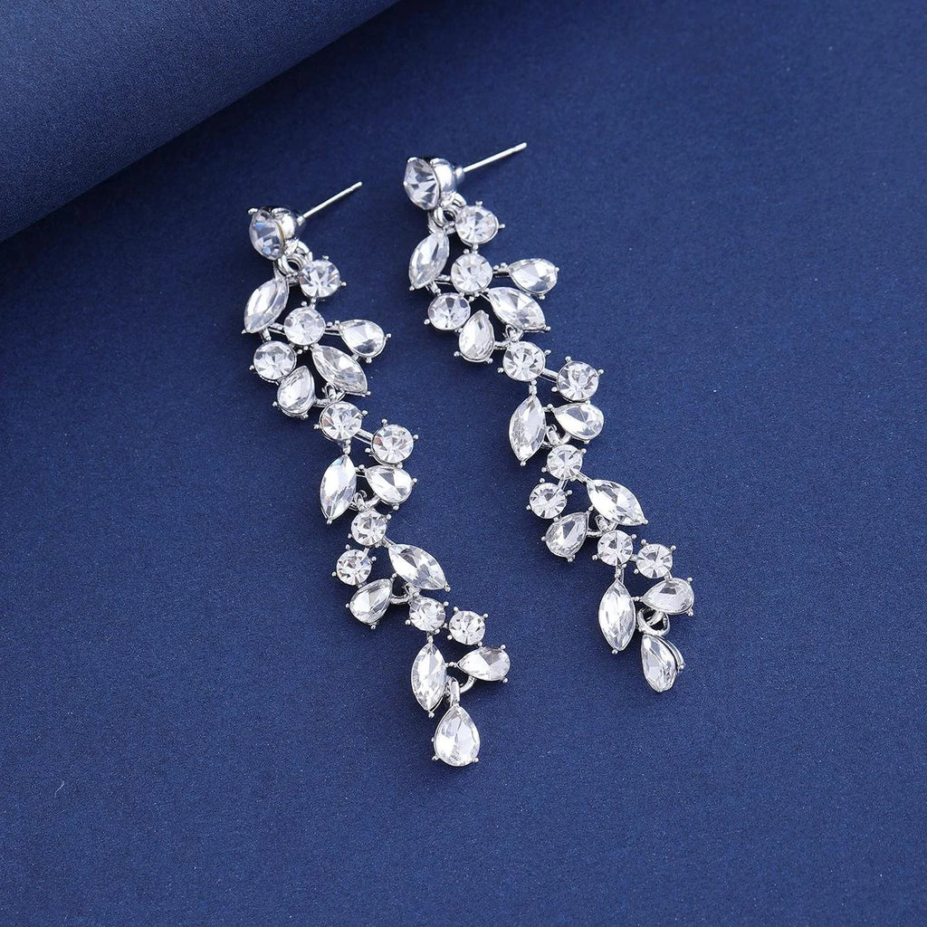 Korean Elegant Long Tassel Drop Earrings With Zircon Rhinestone Petal Design For Wedding Party