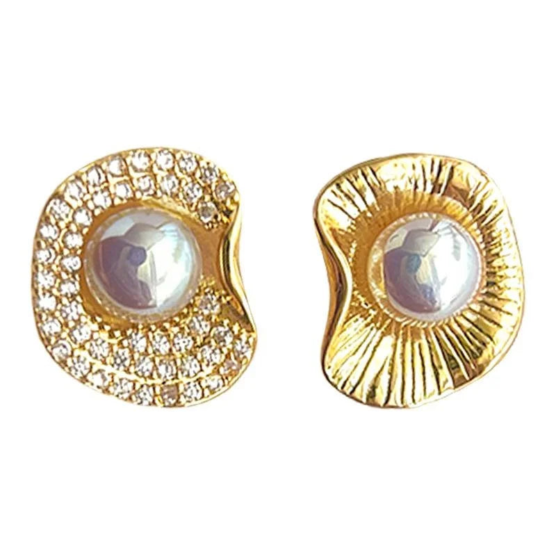 Designer Copper Micro Pave Zircon Ruffle Pearl Stud Earrings Light Luxury Asymmetric Geometric Style