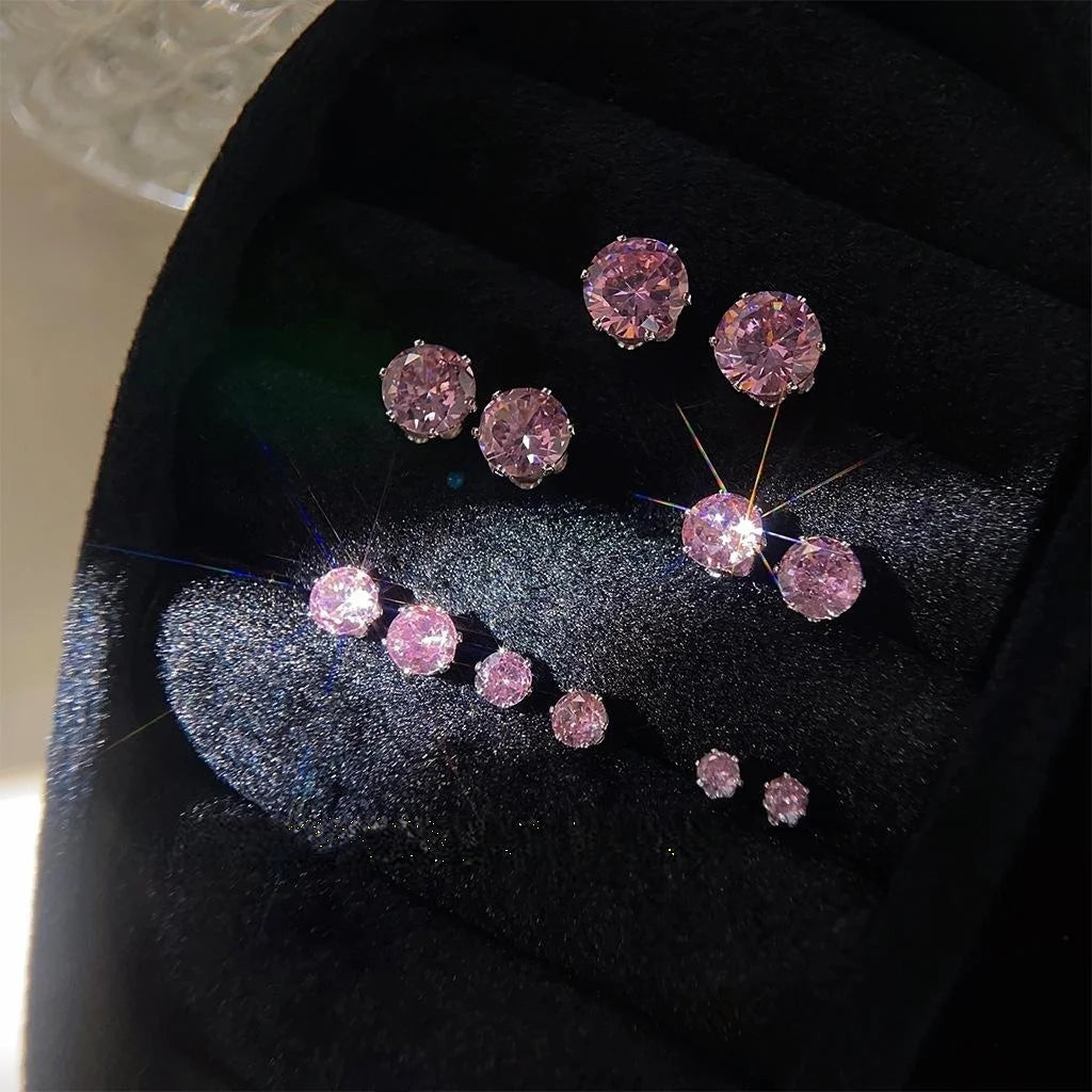 Minimalist Pink Zircon Copper Stud Earrings Geometric Round Daily Jewelry