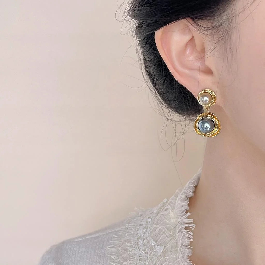 Vintage Hong Kong Style 14K Plated Round Geometric Pearl Drop Earrings For Women