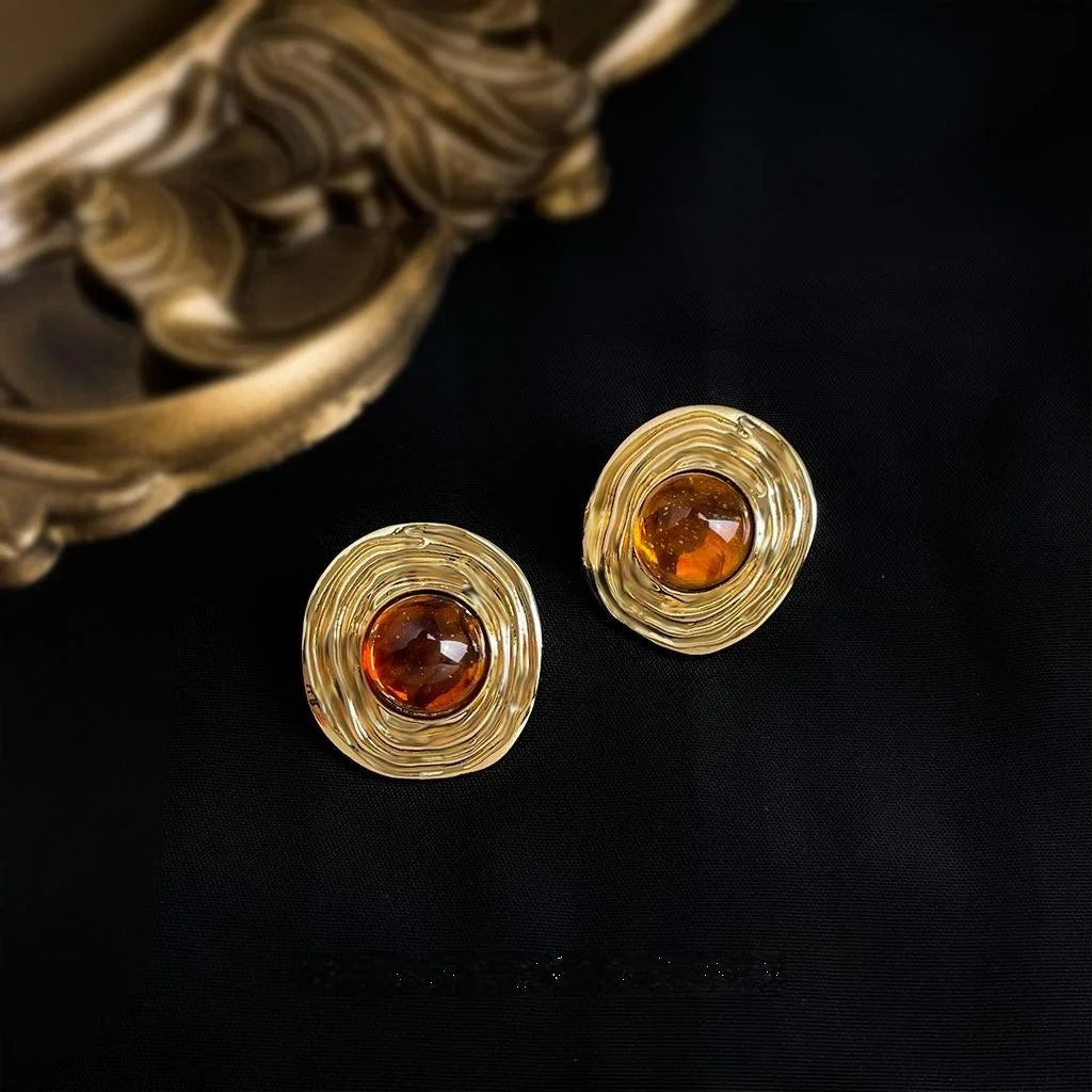 Maillard Style Round Geometric Textured Copper Stud Earrings