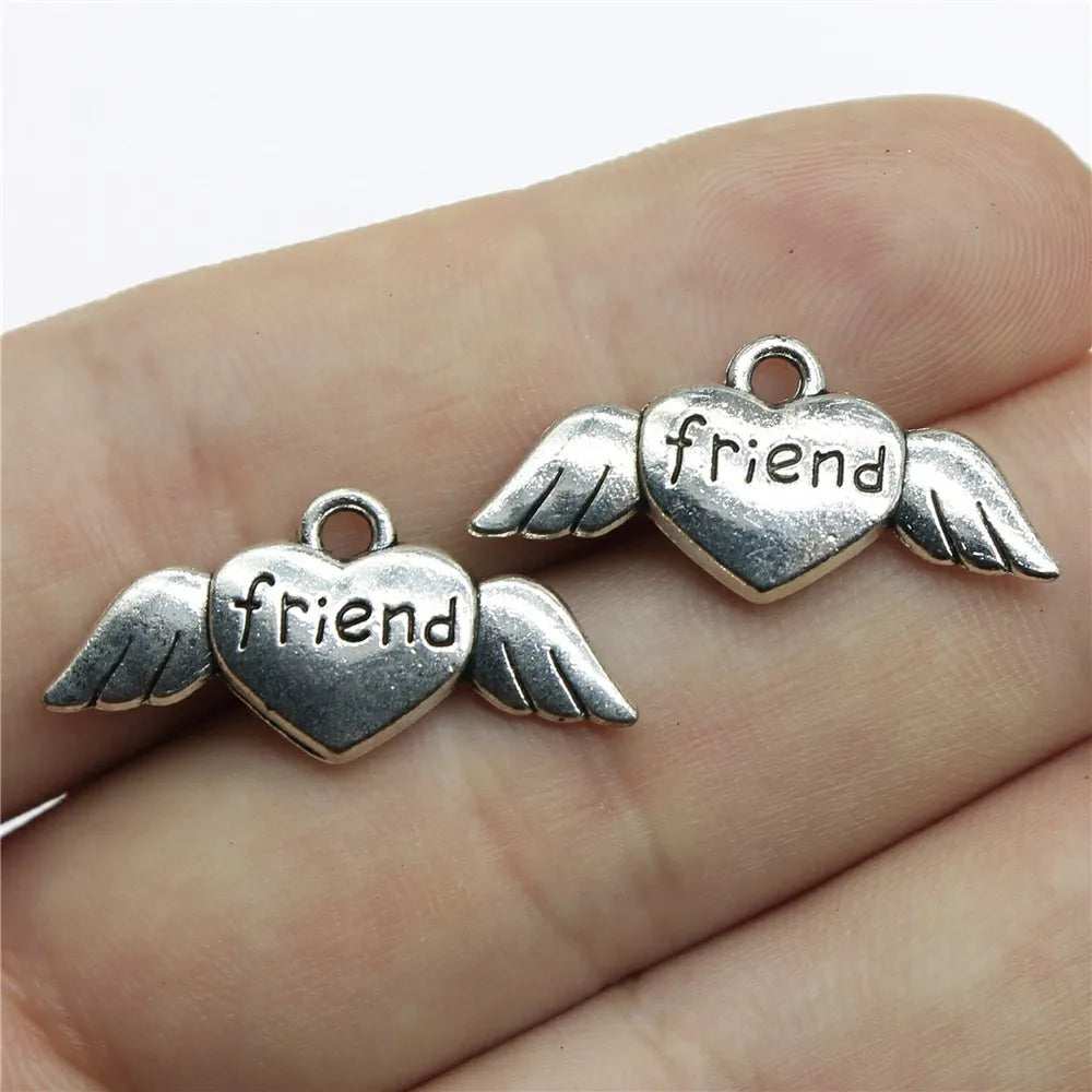 26x12mm 2.2g Antique Silver Zinc Alloy Winged Heart Friends Wing Charm Pendant for DIY Jewelry Making