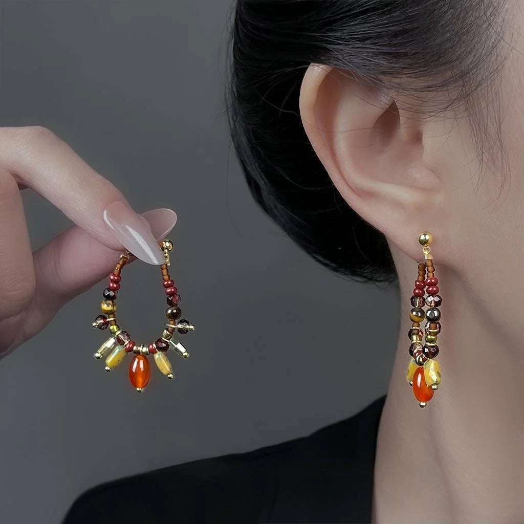Handmade Ethnic Geometric Drop Earrings With Tiger Eye Red Agate Czech Glass And Seed Beads
