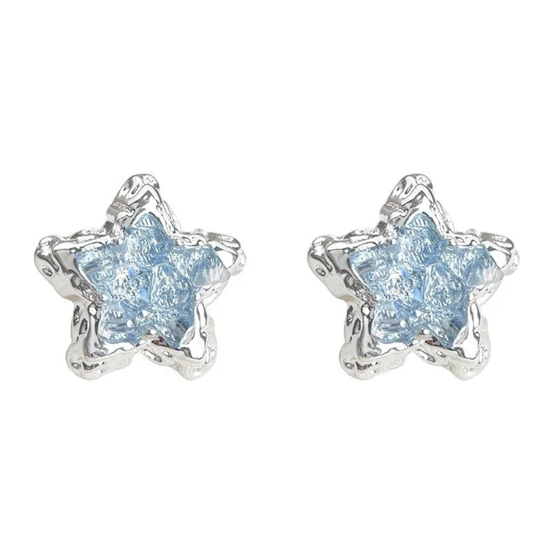 Blue Ice Glass Crystal Five Point Star Stud Earrings Silver Plated Fresh Sweet Summer Jewelry