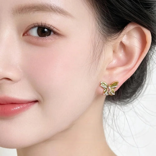 Original Design Copper Zircon Enamel Butterfly Stud Earrings, Sweet Pastoral Silver Plated Jewelry