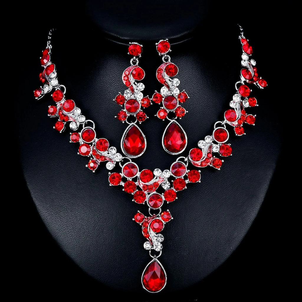 Luxury Red Crystal Rhinestone Necklace And Earrings Jewelry Set, Elegant Bridal Jewelry For Wedding Banquet