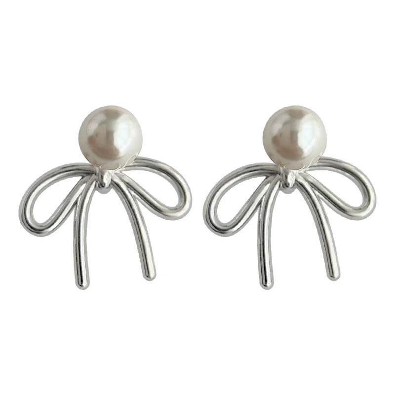 Two Way Glass Pearl Bow Drop Earrings With Copper Alloy, Versatile Commuter Jewelry