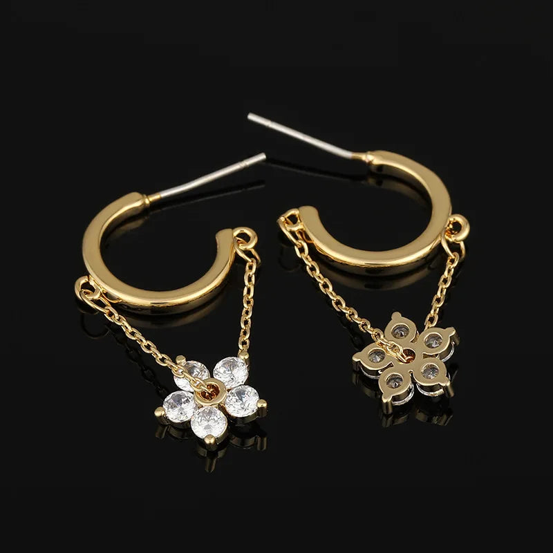 Elegant Zircon Flower Chain Tassel Hoop Ear Cuff Stud & Clip On No Piercing Gold Alloy Earrings