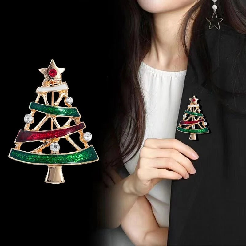 Elegant Enamel Christmas Tree Brooch With Rhinestone Star, Gold Tone Alloy Lapel Pin Holiday Gift