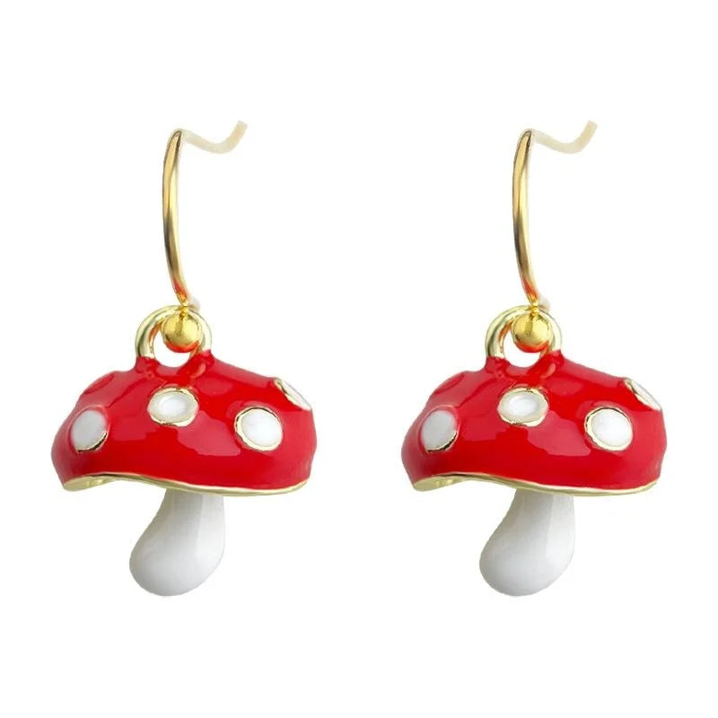Cute Red Mushroom Copper Drop Earrings Forest Fairy Whimsical Designer Jewelry For Women