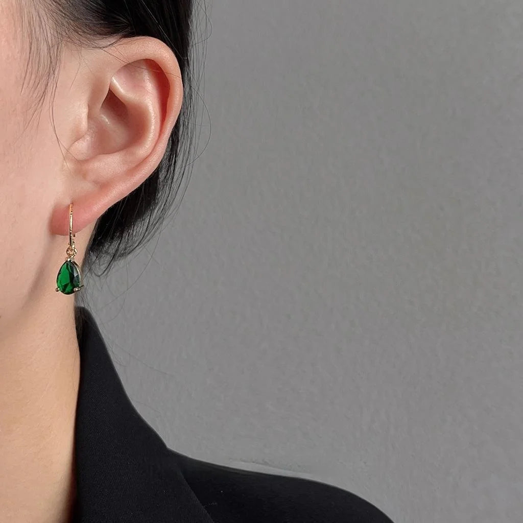 French Vintage Copper Emerald Zircon Teardrop Drop Earrings For Women