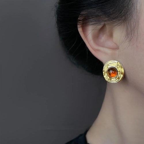 Maillard Style Round Geometric Textured Copper Stud Earrings