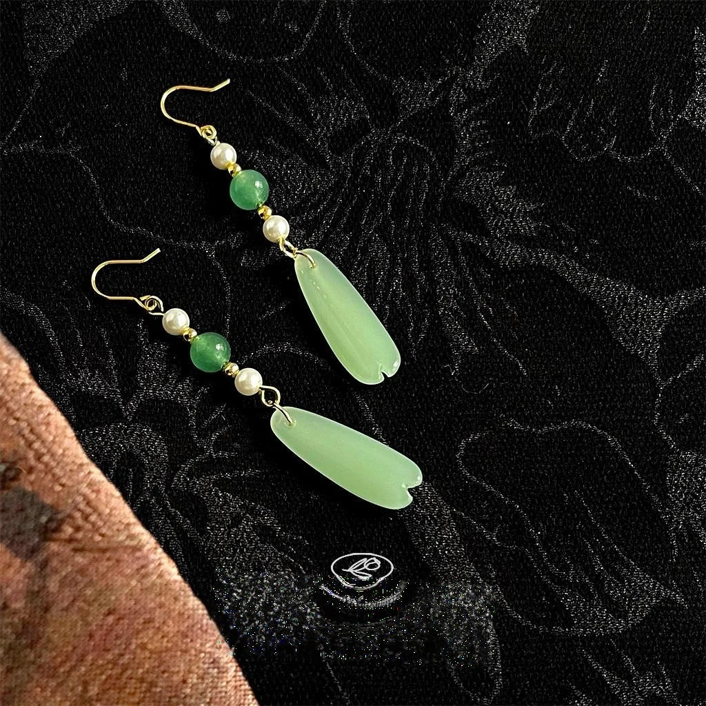 Handmade New Chinese Palace Style Green Agate Glass Crystal Floral Geometric Drop Earrings