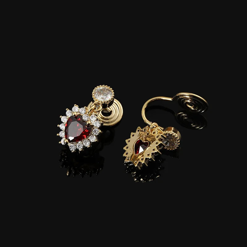 Vintage Red Heart Zircon Rhinestone Alloy Stud & Clip On No Piercing Baroque Drop Earrings