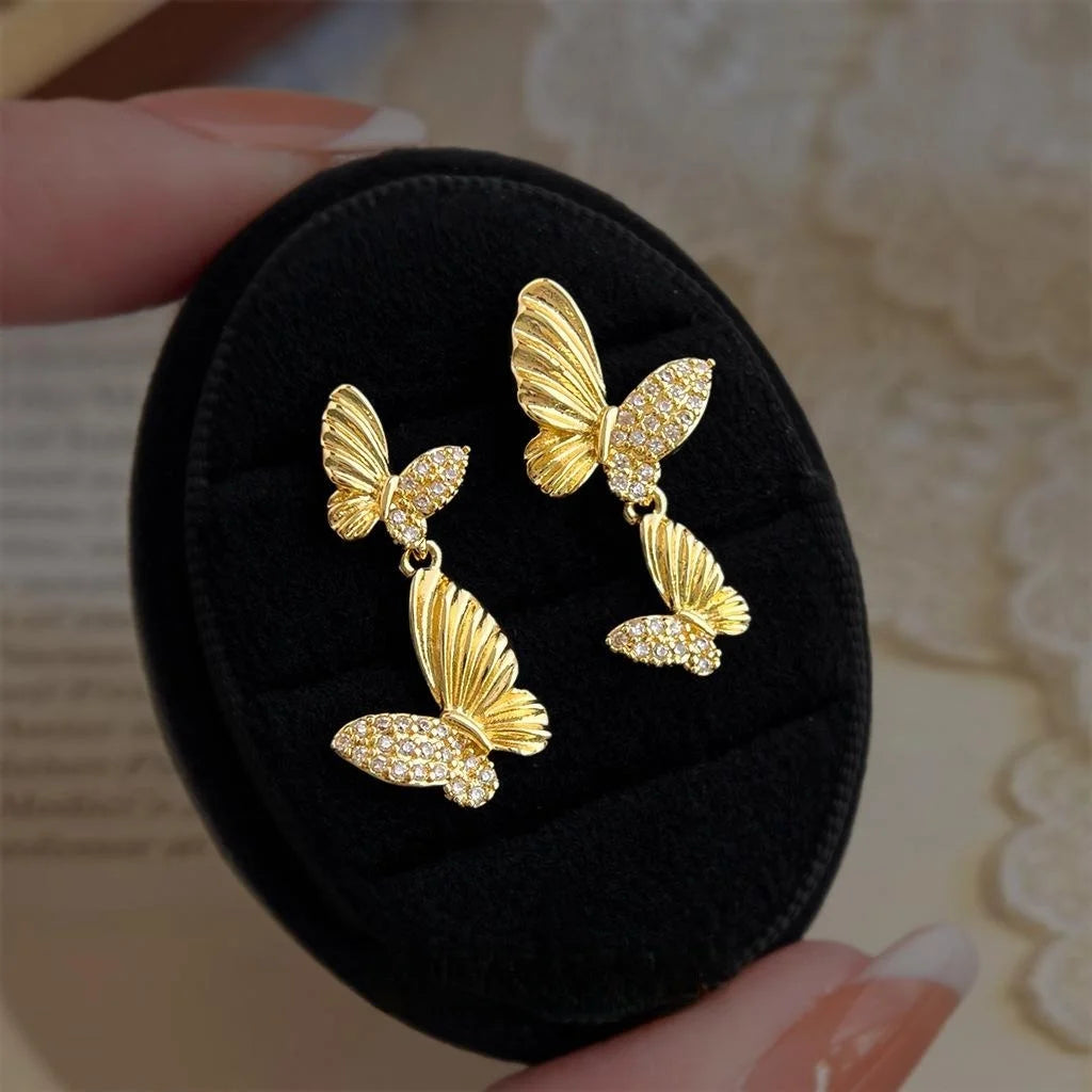 Asymmetric Copper Zircon Butterfly Drop Earrings Sweet Forest Style Women's Jewelry