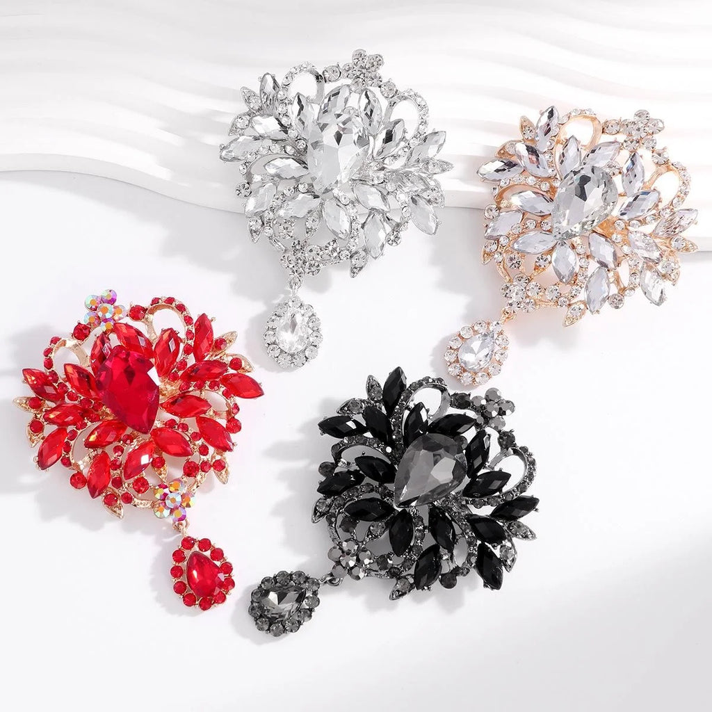 Luxury Rhinestone Flower Bouquet Brooch With Teardrop Crystal Dangle, Elegant Lapel Pin Suit Accessory