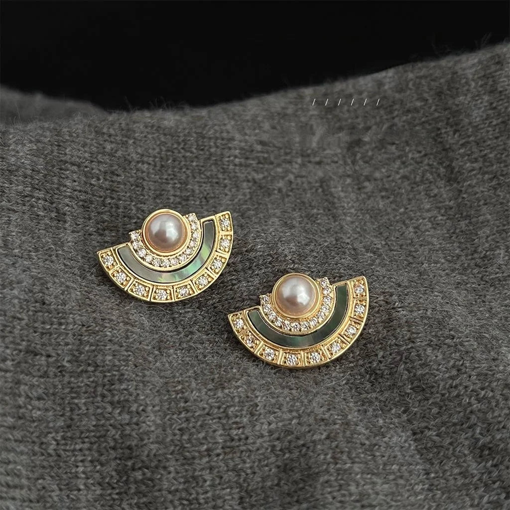 14K Plated Copper Real Shell Pearl Zircon Fan Geometric Stud Earrings For Women