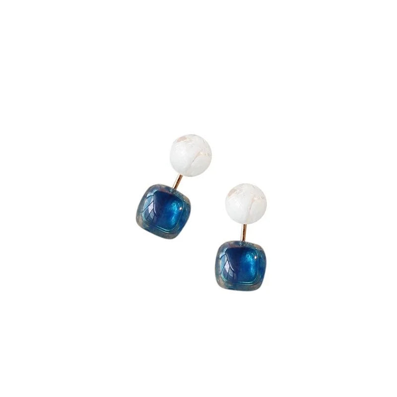 Semi Transparent Blue Geometric Square Copper 14K Plated Stud Earrings Korean Chic Jewelry