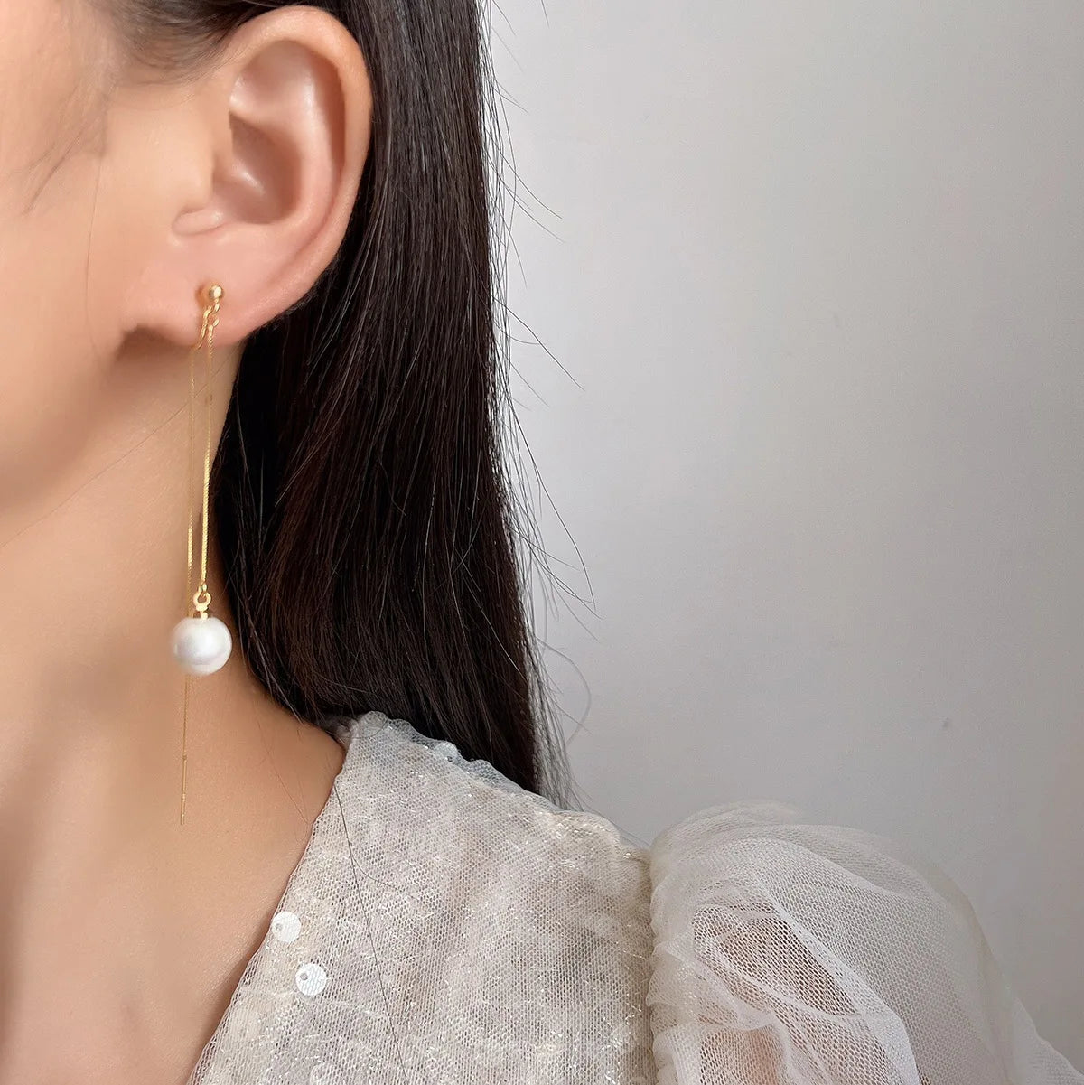 Elegant Long Pearl Threader Tassel Chain Stud & Clip On No Piercing Face Slimming Drop Earrings