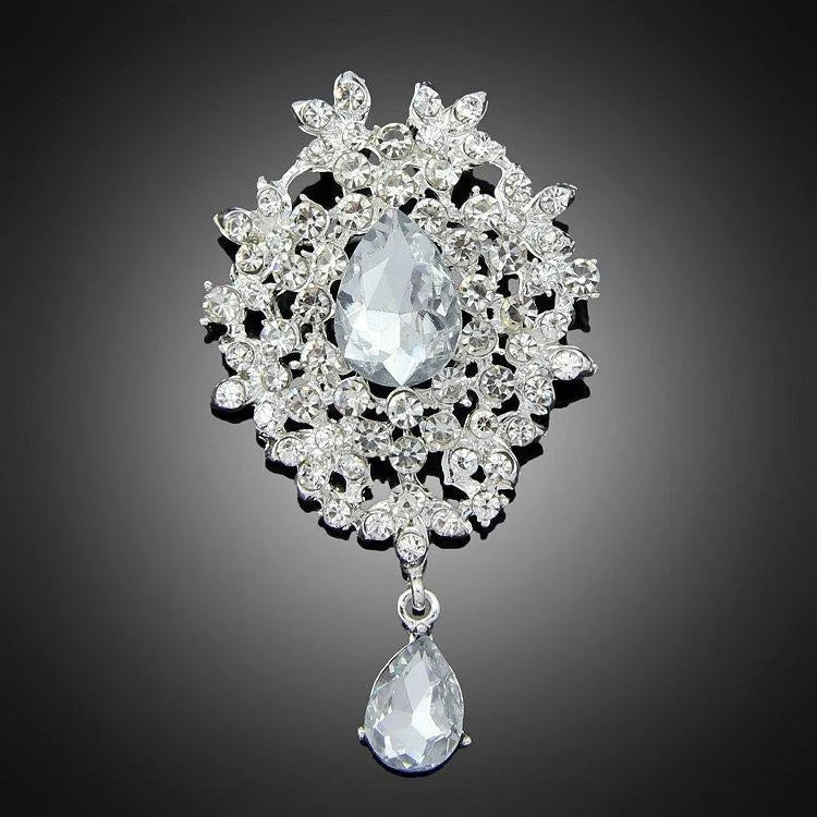 Elegant Teardrop Rhinestone Crystal Flower Brooch Pendant, Luxury Women's Lapel Pin Corsage Gift