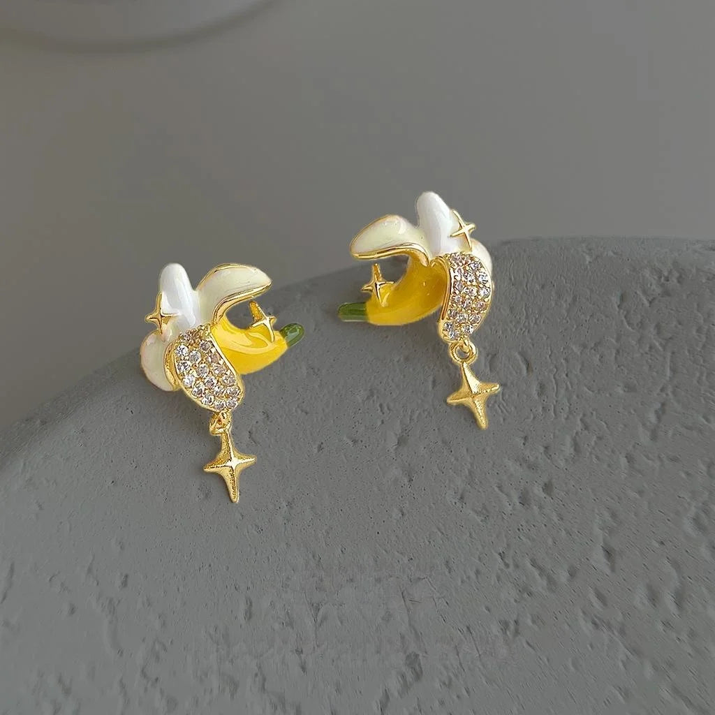 Cute Banana Stud Earrings Copper Zircon Micro Pave Hand Painted Enamel Fruit Jewelry