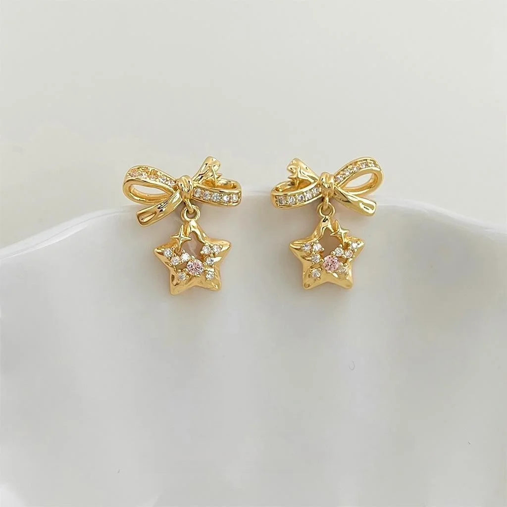 Style Meteor Bow Star Drop Earrings Copper Zircon Micro Pave Sweet Jewelry