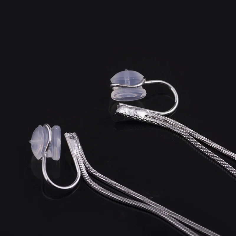 Elegant Long Silver Alloy Tassel Threader Stud & Clip On No Piercing Ear Line Drop Earrings