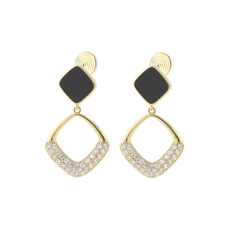 Luxury Geometric Black Enamel Square Rhinestone Alloy Dangle Stud & Clip On No Piercing Earrings