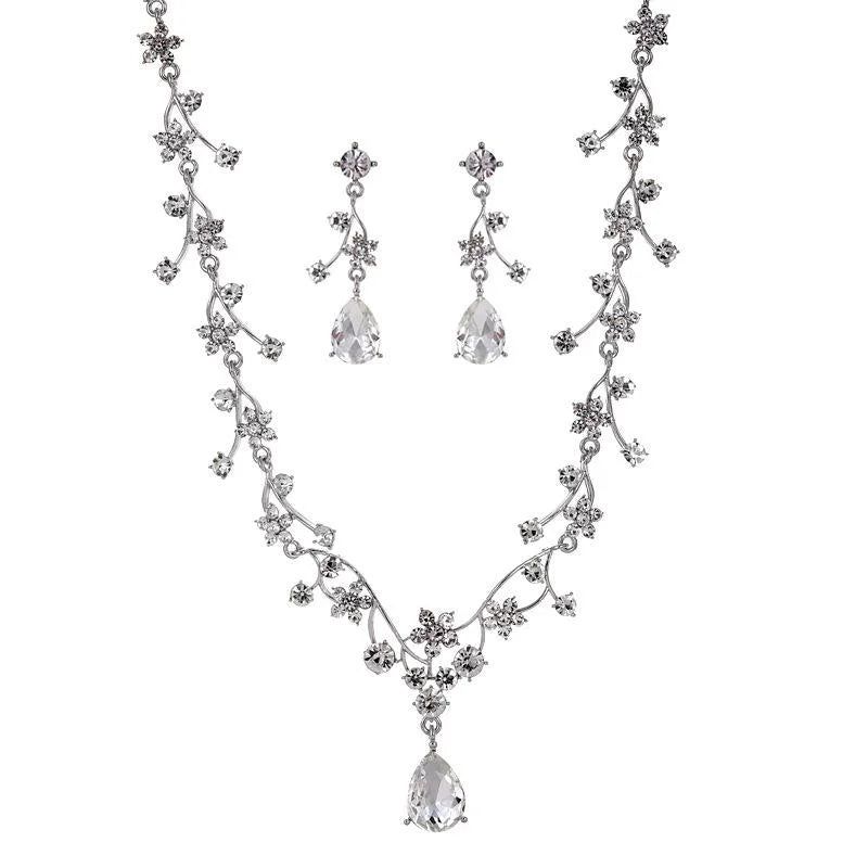 Luxury Bridal Crystal Flower Vine Necklace And Drop Earrings Jewelry Set, Silver Alloy Glass Rhinestone Wedding Jewelry