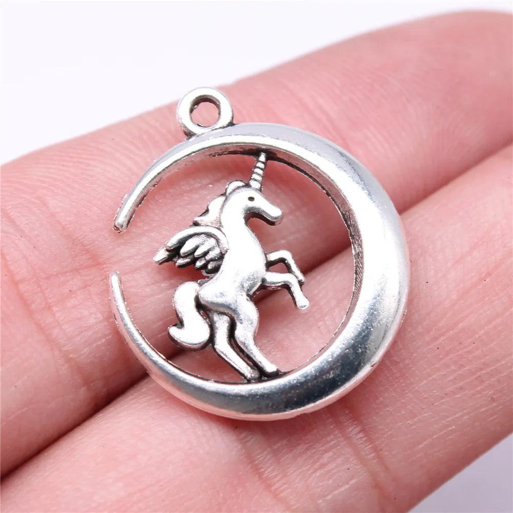 25x22mm 3.4g Antique Silver Zinc Alloy Moon Unicorn Charm Pendant for DIY Necklace Bracelet Making