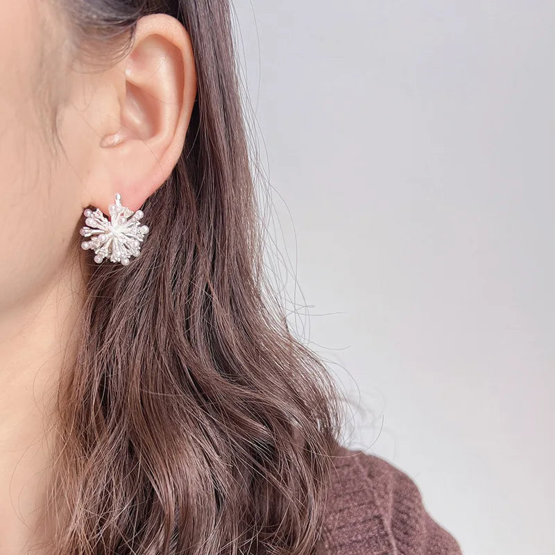 Elegant Silver Alloy Zircon Pearl Firework Stud & Clip On No Piercing Metal Ball Burst Earrings